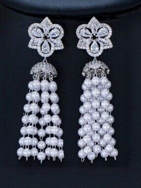 Elegant Silver Pearl Tassel Flower Shaped Cubic Zirconia Drop Dangle Earings